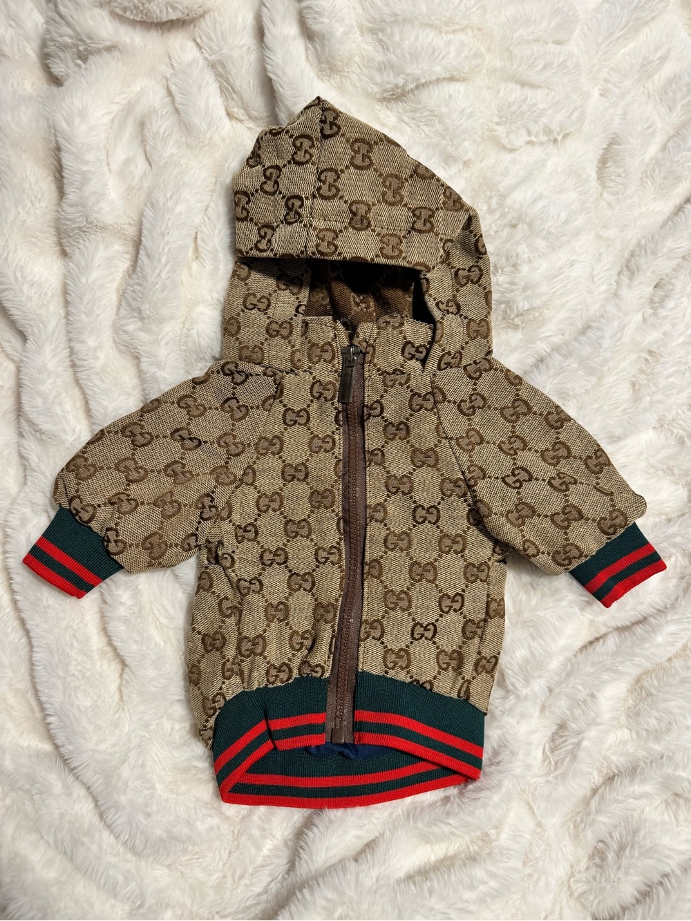 Gucci Beige/Brown Monogram Hooded Baby Jacket with Red & Green Trim